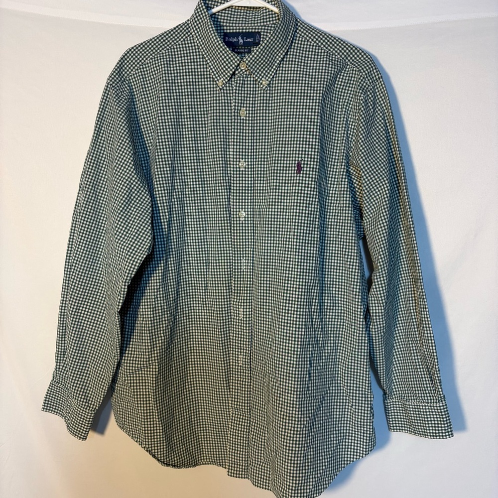 Ralph Lauren Classic Fit Green Gingham Button Down Shirt Men’s XL 17.5 Cotton